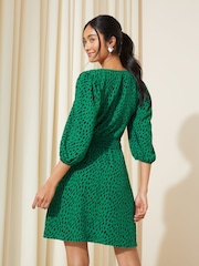 Friends Like These Green Shirred Waist 3/4 Sleeve Mini Dress - Image 2 of 4