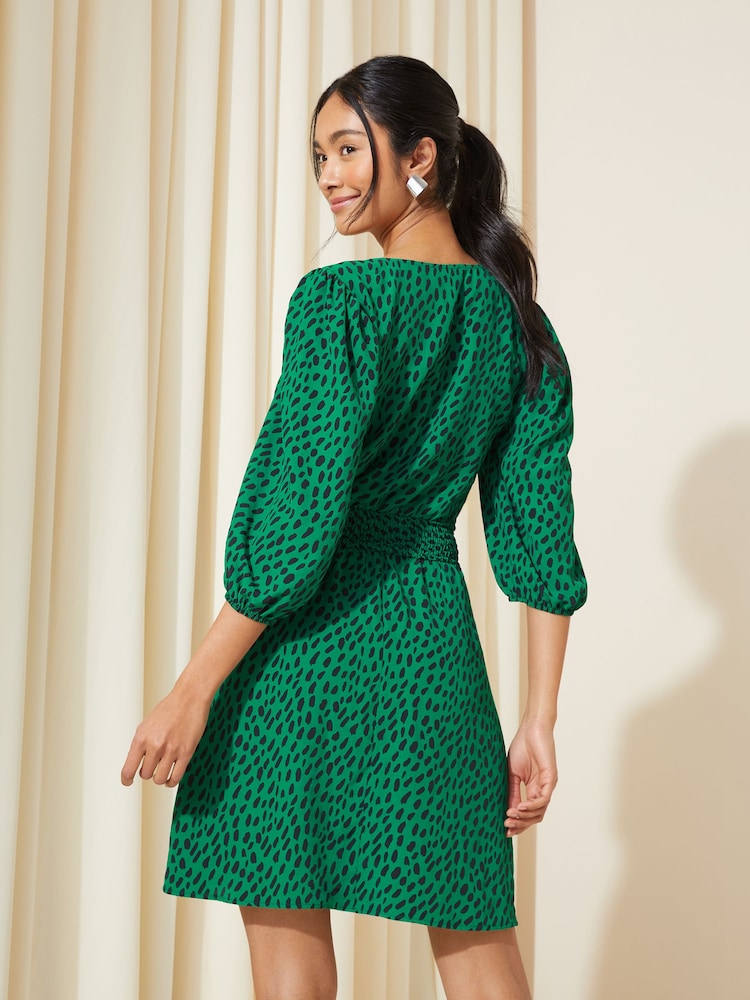 Friends Like These Green Shirred Waist 3/4 Sleeve Mini Dress - Image 2 of 4