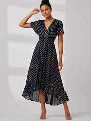 Jolie Moi Blue Metallic Angel Sleeve Maxi Dress - Image 1 of 6