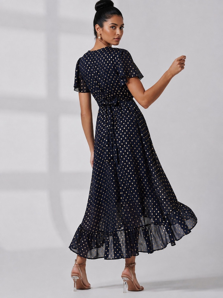 Jolie Moi Blue Metallic Angel Sleeve Maxi Dress - Image 2 of 6 Jolie Moi Blue Metallic Angel Sleeve Maxi Dress - Image 2 of 6