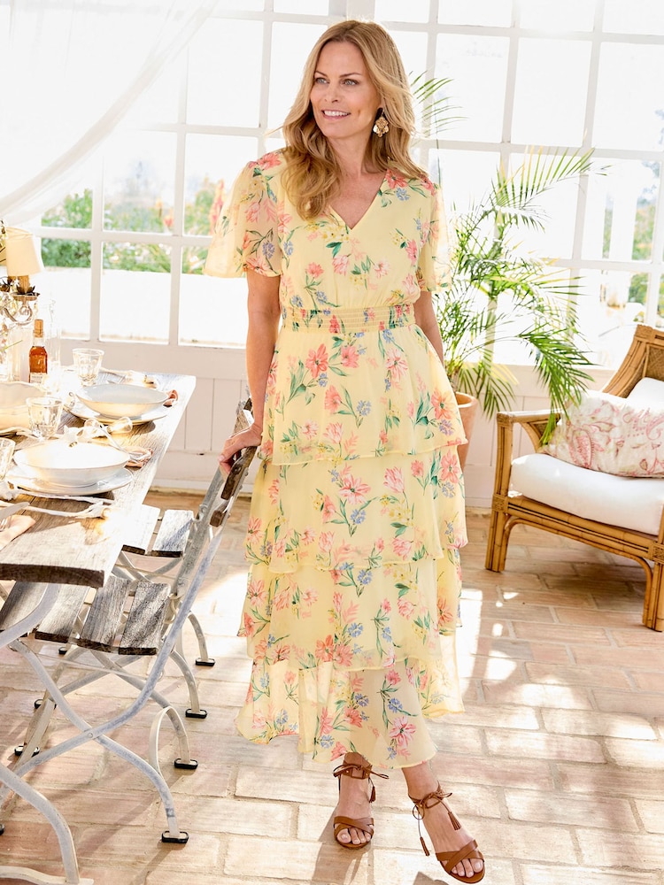Cotton Traders Yellow Chiffon Tiered Maxi Dress - Image 1 of 4 Cotton Traders Yellow Chiffon Tiered Maxi Dress - Image 1 of 4