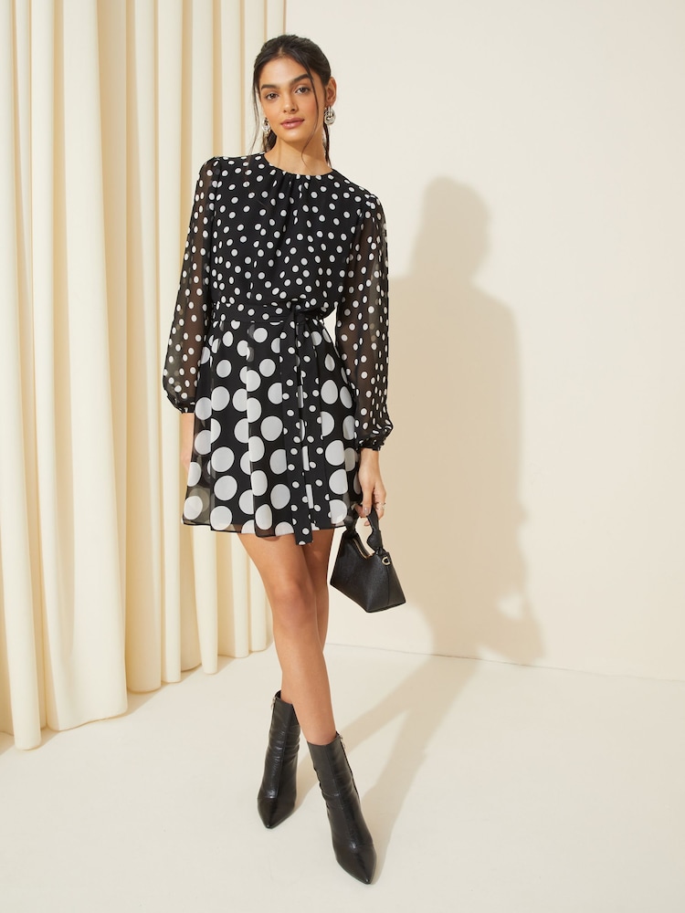 Friends Like These Black Spot Chiffon Tiered Belted Mini Dress - Image 2 of 4