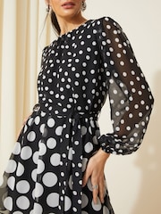 Friends Like These Black Spot Chiffon Tiered Belted Mini Dress - Image 3 of 4