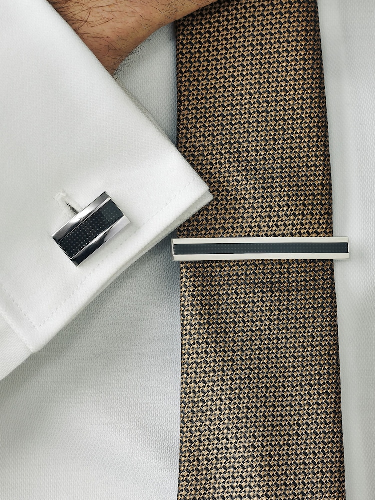 Silver/Black Textured Cufflink And Tie Clip Set - Image 2 of 5