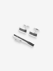 Silver/Black Textured Cufflink And Tie Clip Set - Image 3 of 5