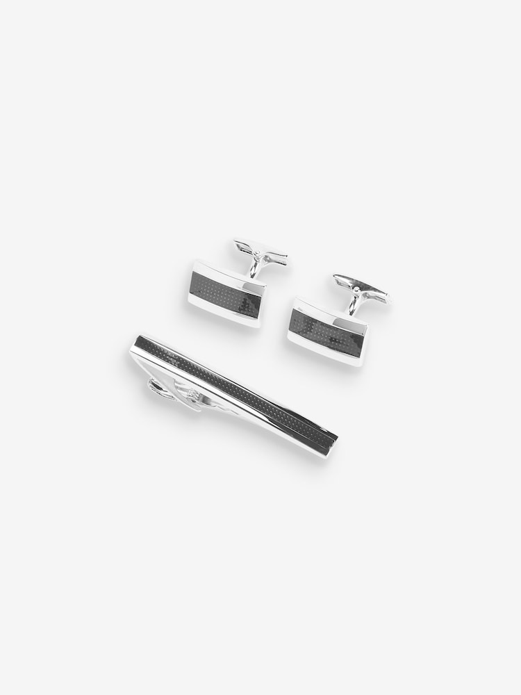 Silver/Black Textured Cufflink And Tie Clip Set - Image 3 of 5