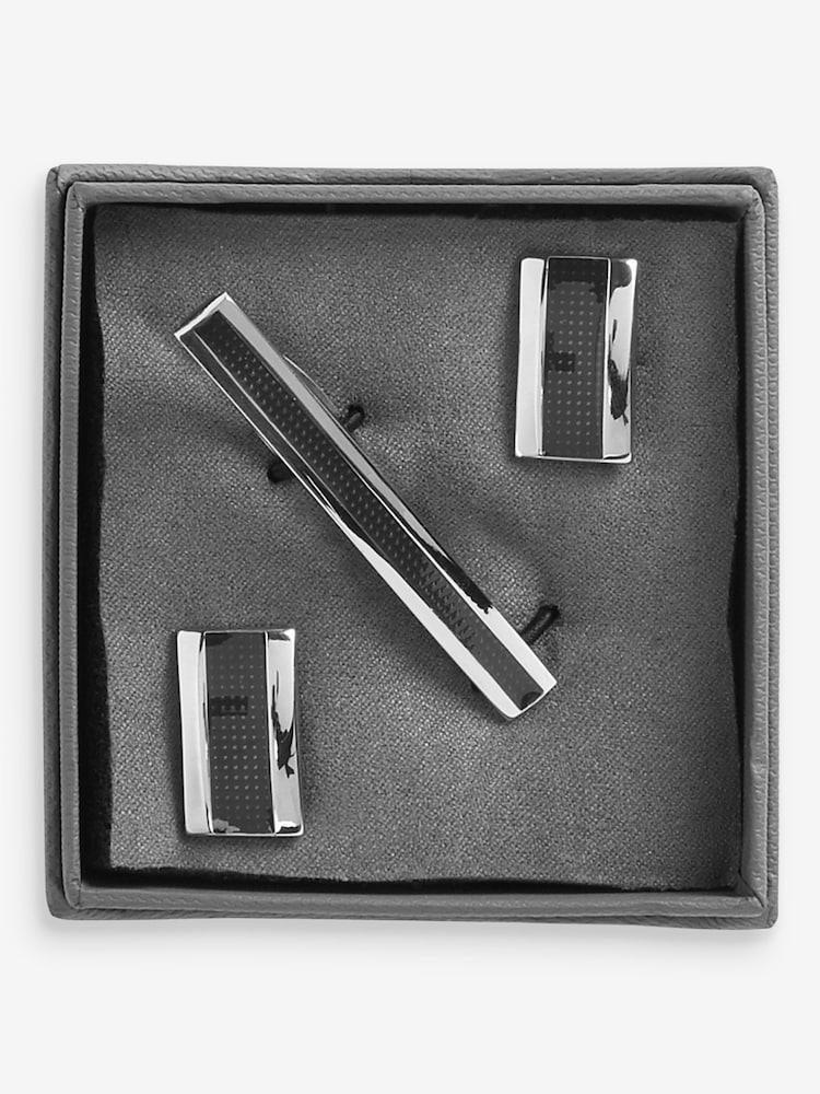 Silver/Black Textured Cufflink And Tie Clip Set - Image 4 of 5
