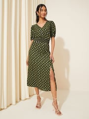 Friends Like These Khaki Green Puff Sleeve Ruched Waist V Neck Midi Dress - Image 1 of 4