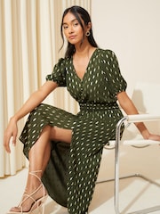 Friends Like These Khaki Green Puff Sleeve Ruched Waist V Neck Midi Dress - Image 3 of 4