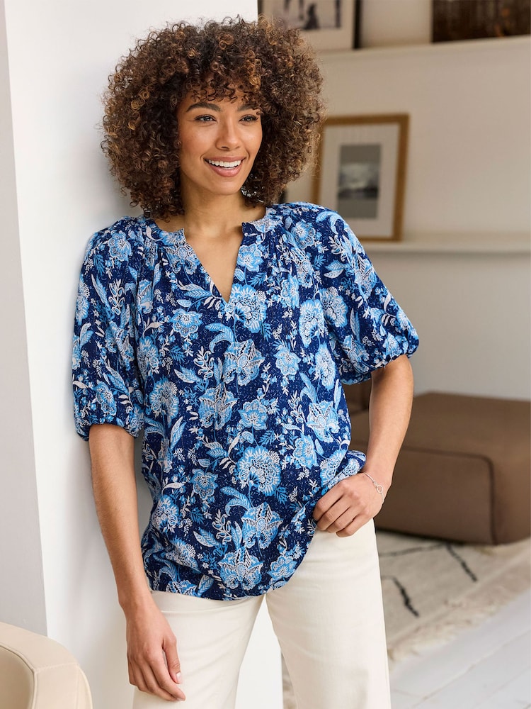 Cotton Traders Blue Printed Short Sleeve Blouse - Image 1 of 4 Cotton Traders Blue Printed Short Sleeve Blouse - Image 1 of 4