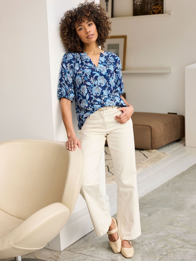 Cotton Traders Blue Printed Short Sleeve Blouse - Image 2 of 4 Cotton Traders Blue Printed Short Sleeve Blouse - Image 2 of 4