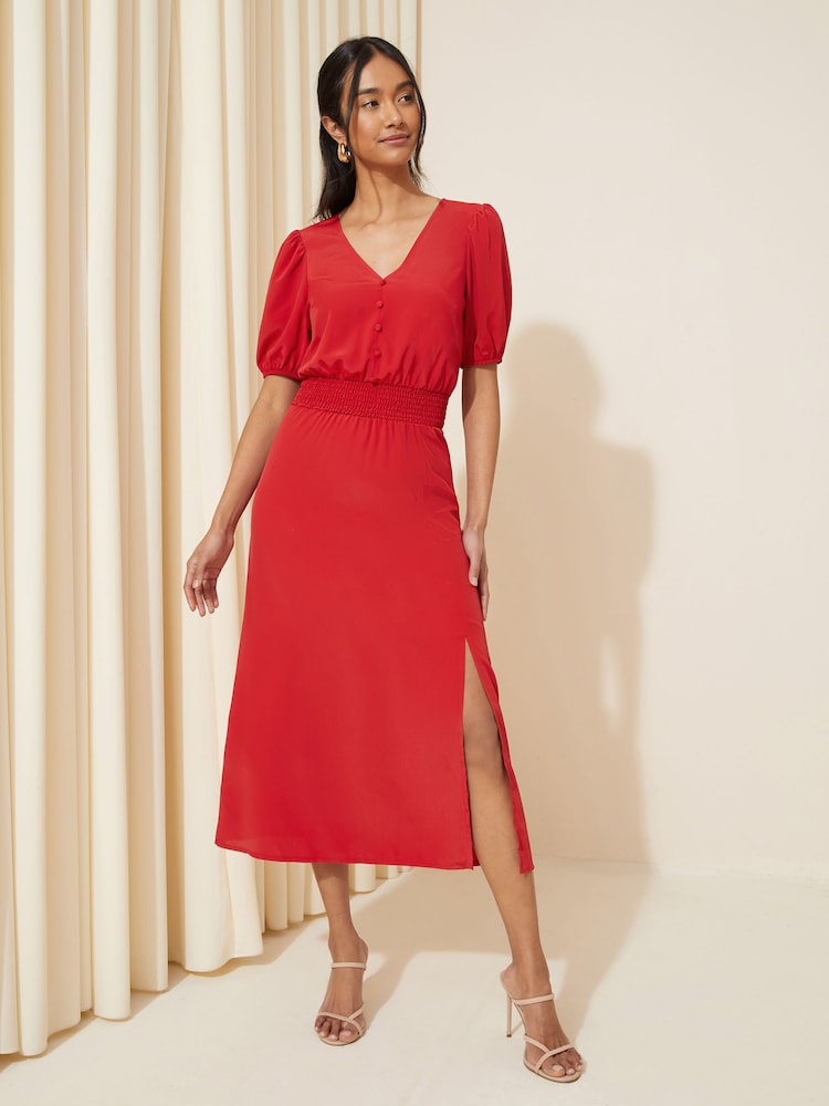 Friends Like These Bright Red Puff Sleeve Ruched Waist V Neck Midi Summer Dress - Image 1 of 4 Friends Like These Bright Red Puff Sleeve Ruched Waist V Neck Midi Summer Dress - Image 1 of 4