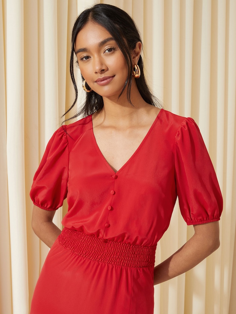 Friends Like These Bright Red Puff Sleeve Ruched Waist V Neck Midi Summer Dress - Image 2 of 4 Friends Like These Bright Red Puff Sleeve Ruched Waist V Neck Midi Summer Dress - Image 2 of 4