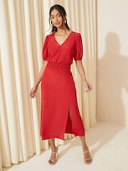Friends Like These Bright Red Puff Sleeve Ruched Waist V Neck Midi Summer Dress - Image 3 of 4