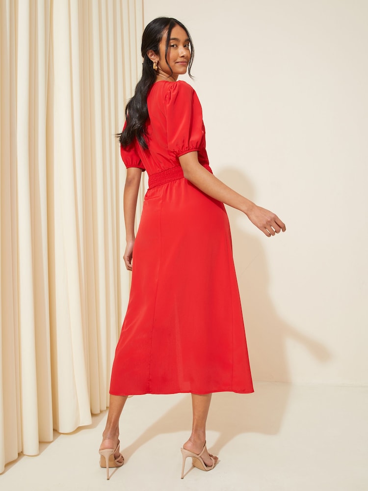 Friends Like These Bright Red Puff Sleeve Ruched Waist V Neck Midi Summer Dress - Image 4 of 4 Friends Like These Bright Red Puff Sleeve Ruched Waist V Neck Midi Summer Dress - Image 4 of 4