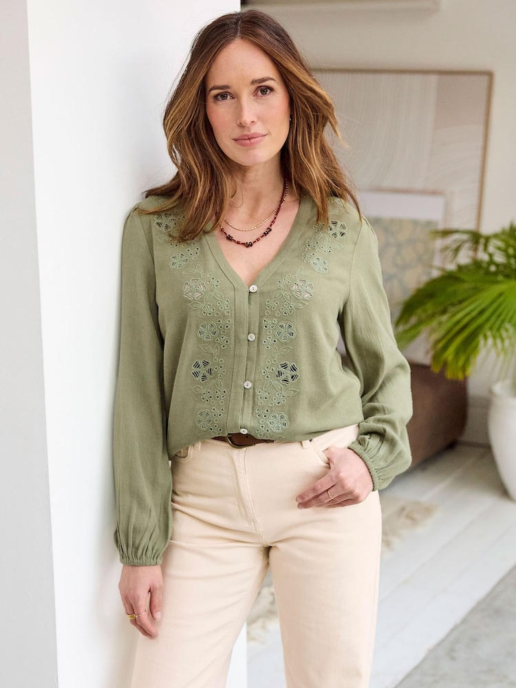 Cotton Traders Green Broiderie Long Sleeve Blouse - Image 2 of 4 Cotton Traders Green Broiderie Long Sleeve Blouse - Image 2 of 4
