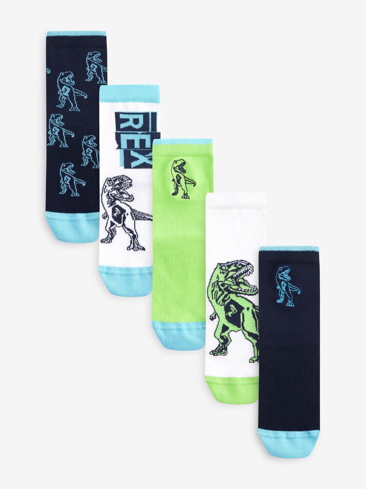 Blau/Leuchtendes Grün/Dinosauriermotive - Socken mit hohem Baumwollanteil, 5er-Pack - Bild 1 von 6