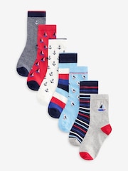 Blue/Red Nautical Stripe/Boat Cotton Rich Socks 7 Pack - Image 1 of 1