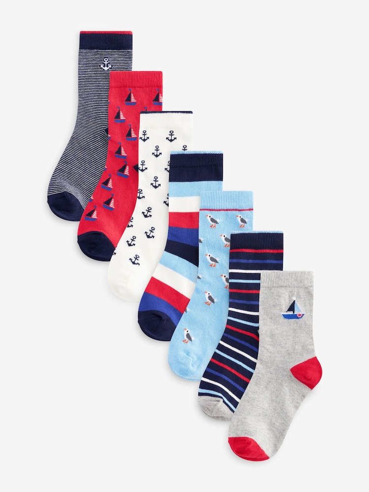 Blue/Red Nautical Stripe/Boat Cotton Rich Socks 7 Pack - Image 1 of 1