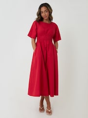 Threadbare Red Elasticated Waist Cotton Poplin Midi Dress - Image 1 of 4