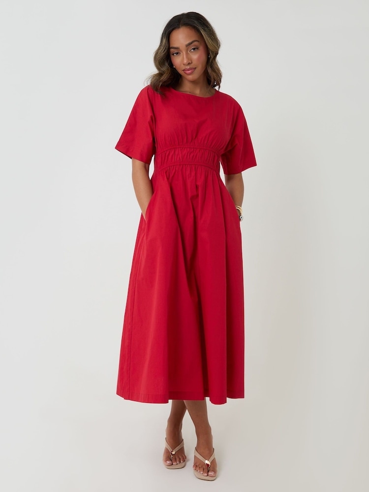 Threadbare Red Elasticated Waist Cotton Poplin Midi Dress - Image 1 of 4