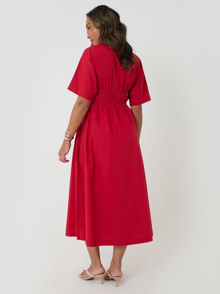 Threadbare Red Elasticated Waist Cotton Poplin Midi Dress - Image 2 of 4