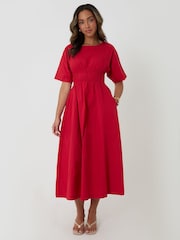 Threadbare Red Elasticated Waist Cotton Poplin Midi Dress - Image 4 of 4