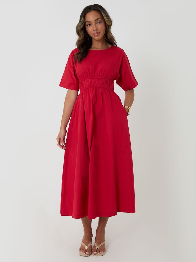 Threadbare Red Elasticated Waist Cotton Poplin Midi Dress - Image 4 of 4
