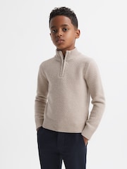Reiss Oatmeal Melange Tempo Senior Slim Fit Knitted Half-Zip Funnel Neck Jumper - Image 1 of 6