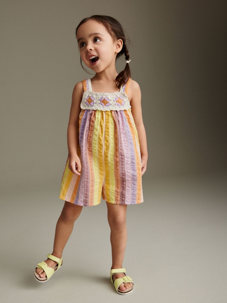 Multi 100% Cotton Crochet Rainbow Playsuit (3mths-7yrs) - Image 1 of 6