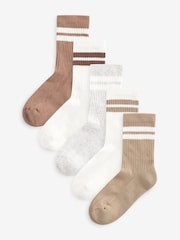 Neutral/Brown/White/Grey Cushioned Footbed Cotton Rich Ribbed Tipped Socks 5 Pack - Image 1 of 6