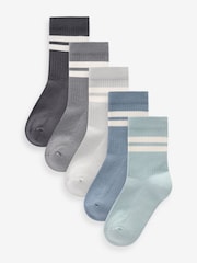 Mineral Blue/Grey Cushioned Footbed Cotton Rich Ribbed Tipped Socks 5 Pack - Image 1 of 6