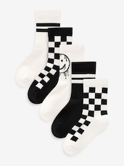 White/Black Checkerboard Cushioned Footbed Cotton Rich Ribbed Tipped Socks 5 Pack - Image 1 of 4
