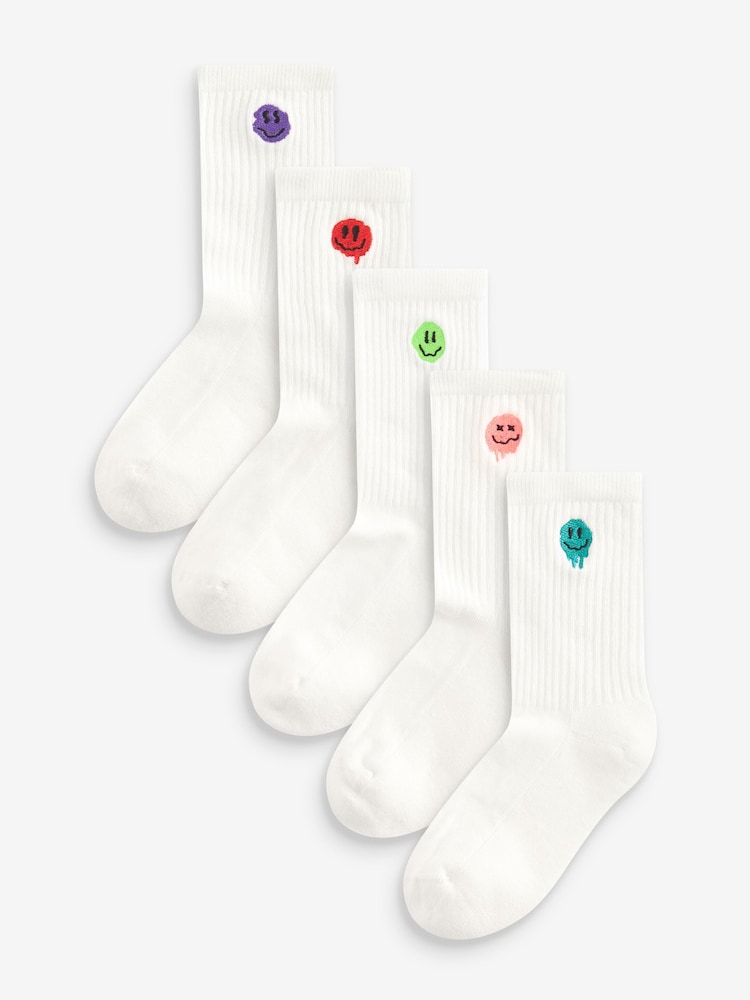 Smile Face Embroderies Cushioned Footbed Cotton Rich Ribbed Socks 5 Pack - Image 1 of 6