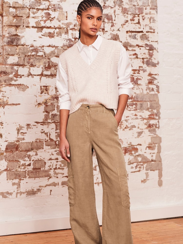 Camel Brown TENCEL™ Linen Blend Cargo Wide Leg Trousers - Image 1 of 7