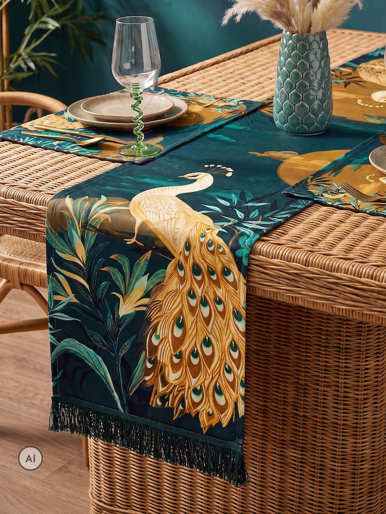 Joe Browns Blue Gilded Peacocks Table Runner - Image 1 of 5 Joe Browns Blue Gilded Peacocks Table Runner - Image 1 of 5