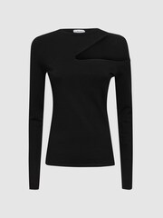Reiss Black Lucille Fitted Cut-Out Long Sleeve Top - Image 2 of 4