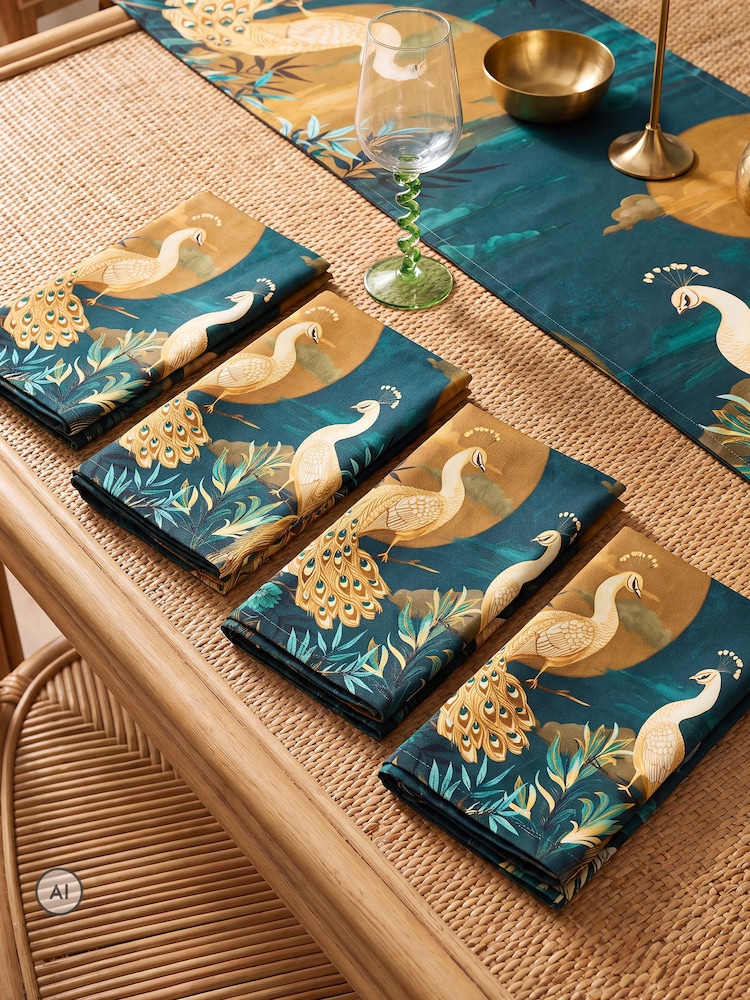Joe Browns Blue Gilded Peacocks Pack Of 4 Napkins - Image 1 of 4 Joe Browns Blue Gilded Peacocks Pack Of 4 Napkins - Image 1 of 4