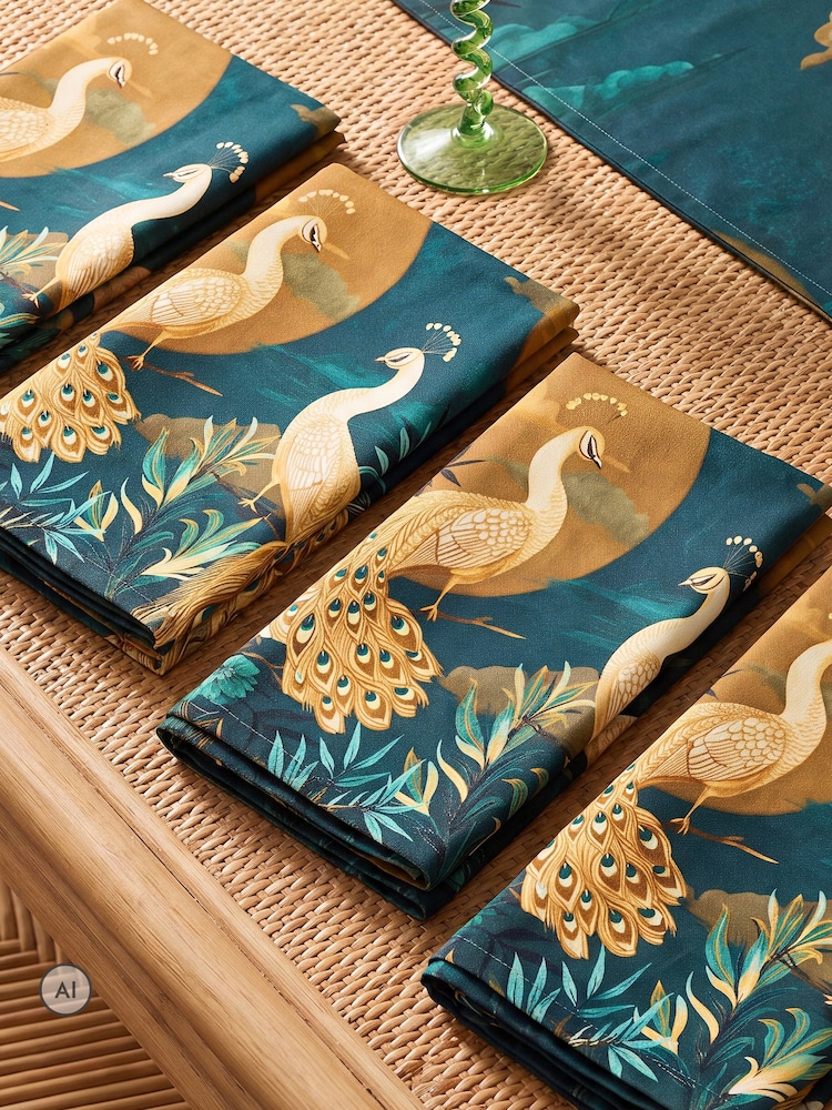 Joe Browns Blue Gilded Peacocks Pack Of 4 Napkins - Image 4 of 4 Joe Browns Blue Gilded Peacocks Pack Of 4 Napkins - Image 4 of 4