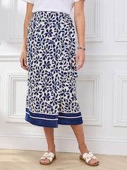 Cotton Traders Blue Printed Mock Wrap Linen Blend Midi Skirt - Image 1 of 4