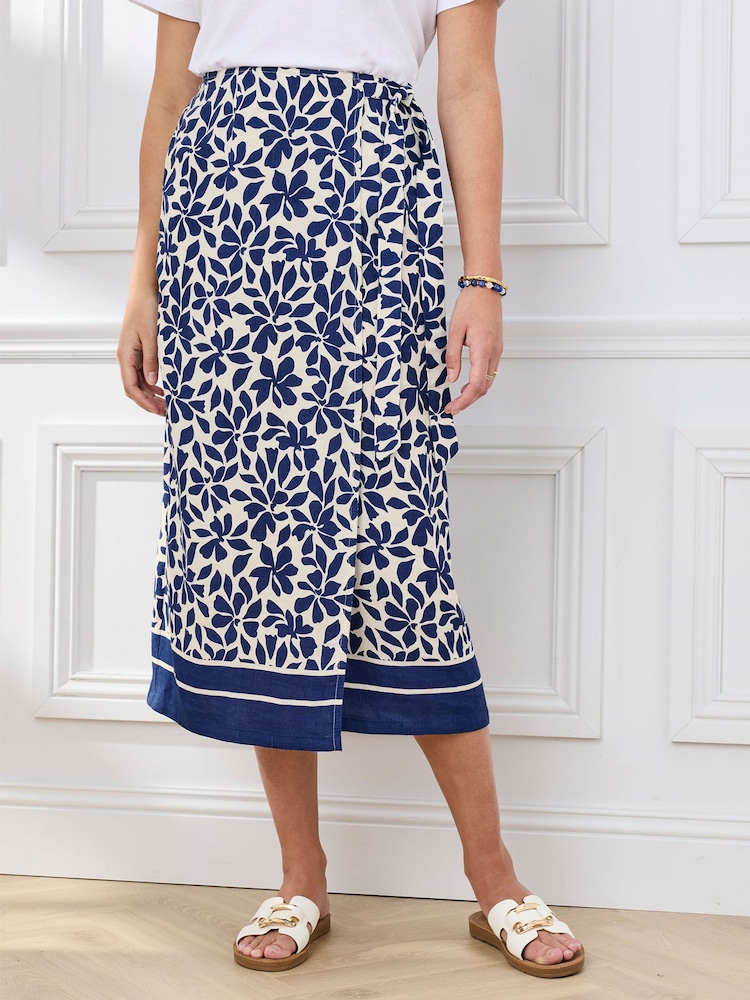 Cotton Traders Blue Printed Mock Wrap Linen Blend Midi Skirt - Image 1 of 4 Cotton Traders Blue Printed Mock Wrap Linen Blend Midi Skirt - Image 1 of 4