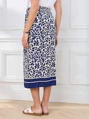 Cotton Traders Blue Printed Mock Wrap Linen Blend Midi Skirt - Image 2 of 4