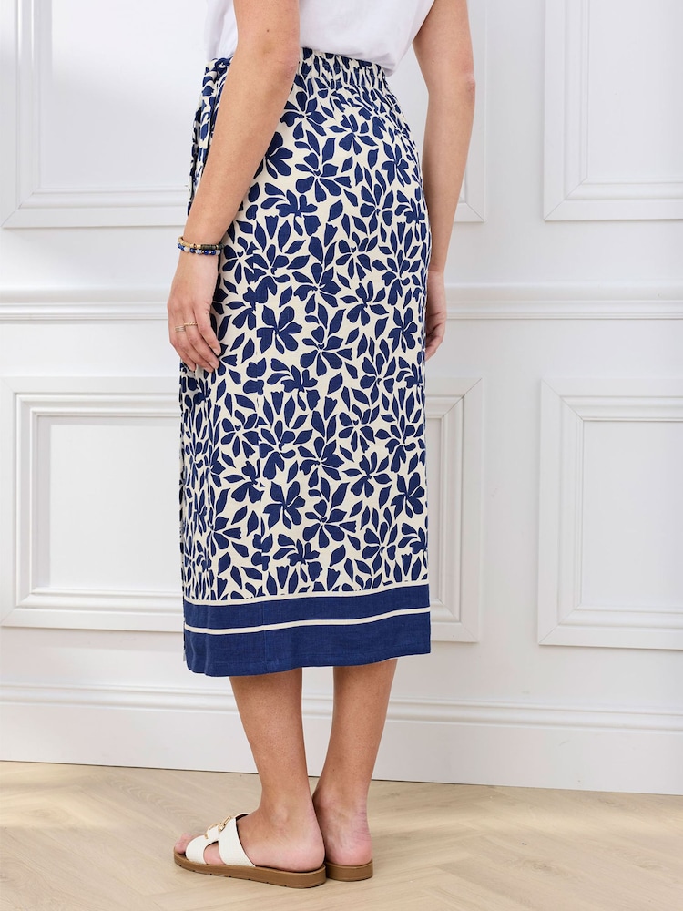 Cotton Traders Blue Printed Mock Wrap Linen Blend Midi Skirt - Image 2 of 4 Cotton Traders Blue Printed Mock Wrap Linen Blend Midi Skirt - Image 2 of 4