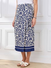 Cotton Traders Blue Printed Mock Wrap Linen Blend Midi Skirt - Image 3 of 4