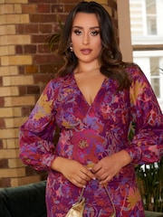 Chi Chi London Purple Long Sleeve V Neck Floral Abstract Midi Dress - Image 4 of 4