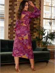 Chi Chi London Purple Curve Long Sleeve V Neck Floral Abstract Midi Dress - Image 2 of 4