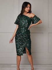 Chi Chi London Green One Shoulder Ruched Sequin Midi Dress - Image 1 of 4