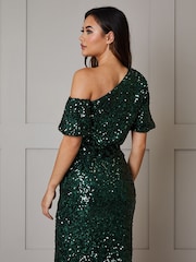 Chi Chi London Green One Shoulder Ruched Sequin Midi Dress - Image 2 of 4