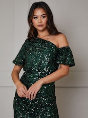 Chi Chi London Green One Shoulder Ruched Sequin Midi Dress - Image 4 of 4