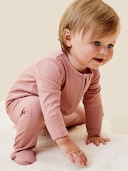 Rosa - MORI Ribbed Stretch Cotton & Bamboo 2 Way Zip Sleepsuit - Imagen 1 de 5